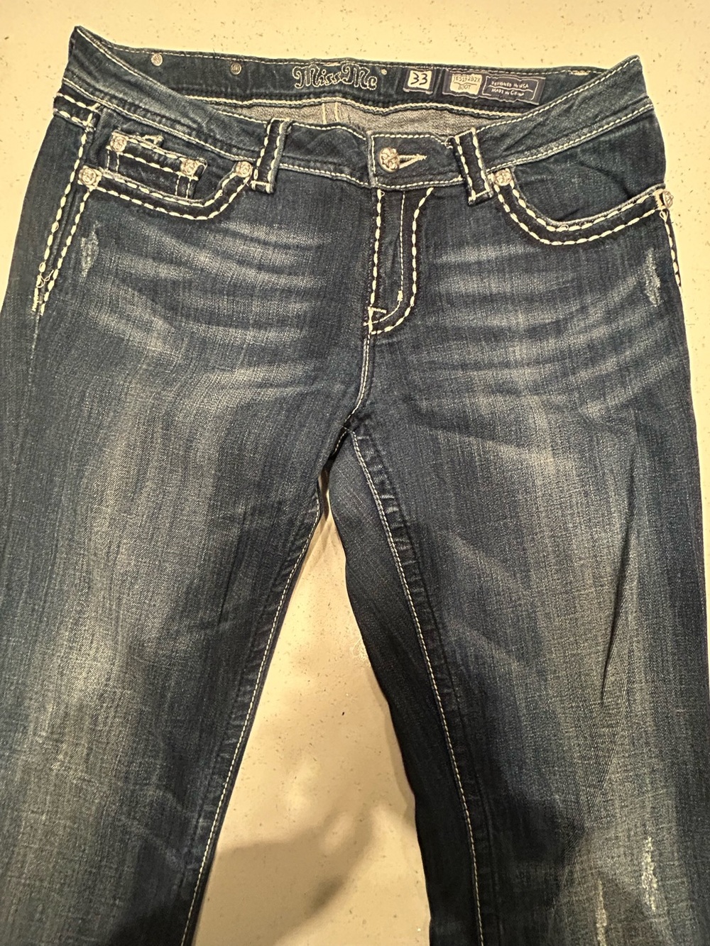 Vintage Miss Me Blue Jeans with Embroidered Stitching. 33x35” in-seem.